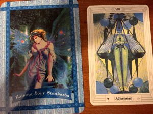 Doreen Virtue's "Raising Your Standards" Healing with the Fairies oracle card and Aleister Crowley's "Adjustment" Thoth tarot card
